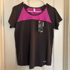 NWT Under Armour Charcoal‎ Grey Pink Heat Gear Athletic Top Size Small